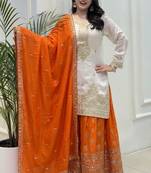 White silk blend embroidered palazzo set