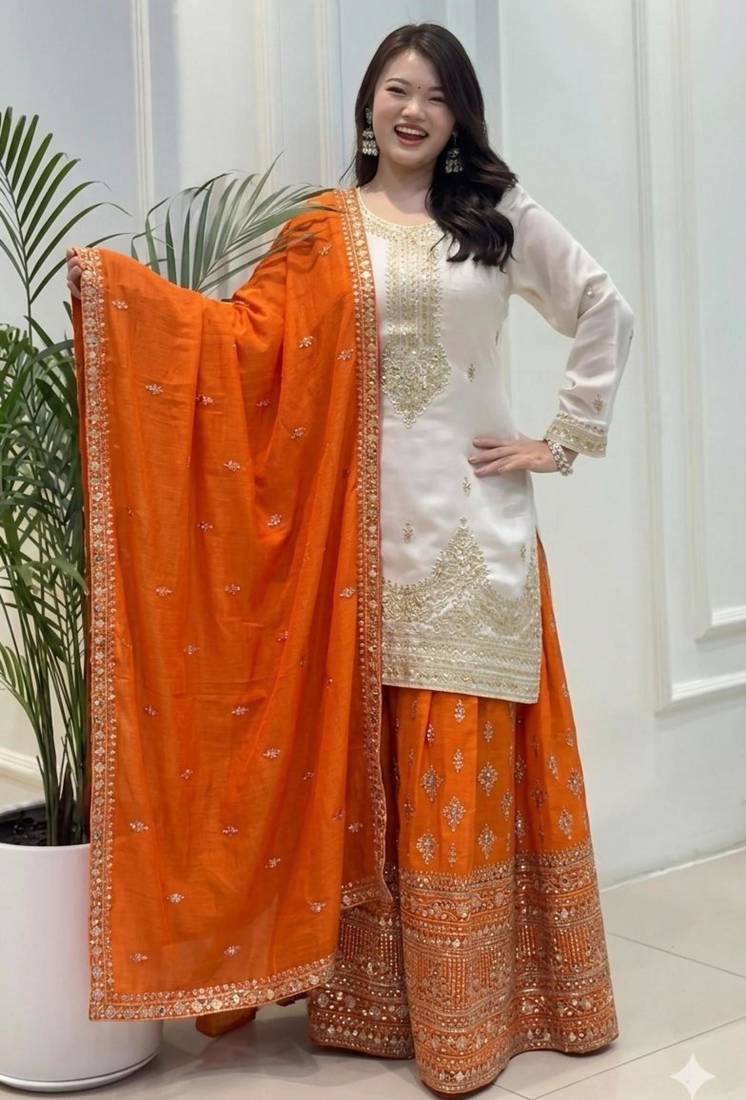 White silk blend embroidered palazzo set
