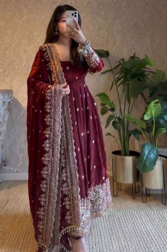 Maroon georgette embroidered anarkali set