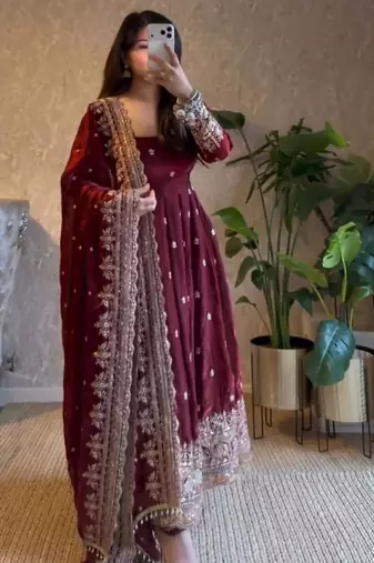 Maroon georgette embroidered anarkali set