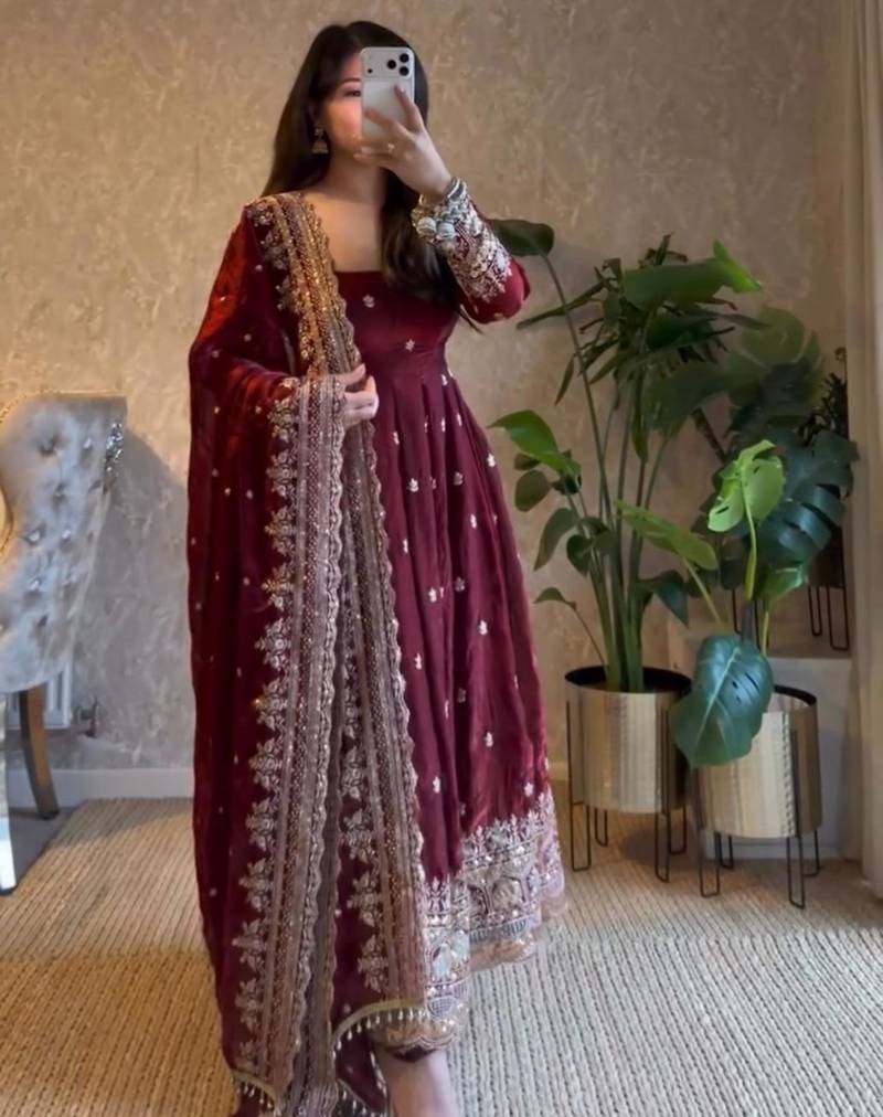 Maroon georgette embroidered anarkali set