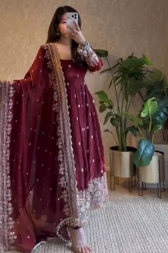 Maroon georgette embroidered anarkali set