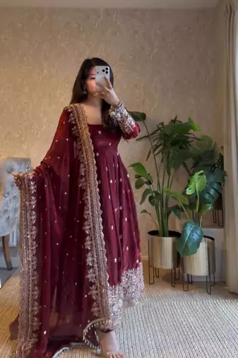 Maroon georgette embroidered anarkali set