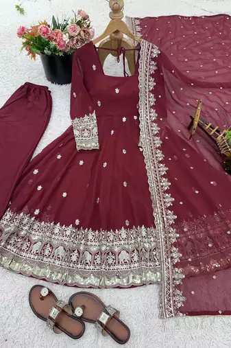 Maroon georgette embroidered anarkali set