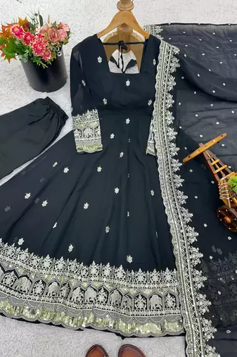 Black georgette embroidered anarkali set