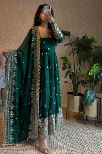 Green georgette embroidered anarkali set
