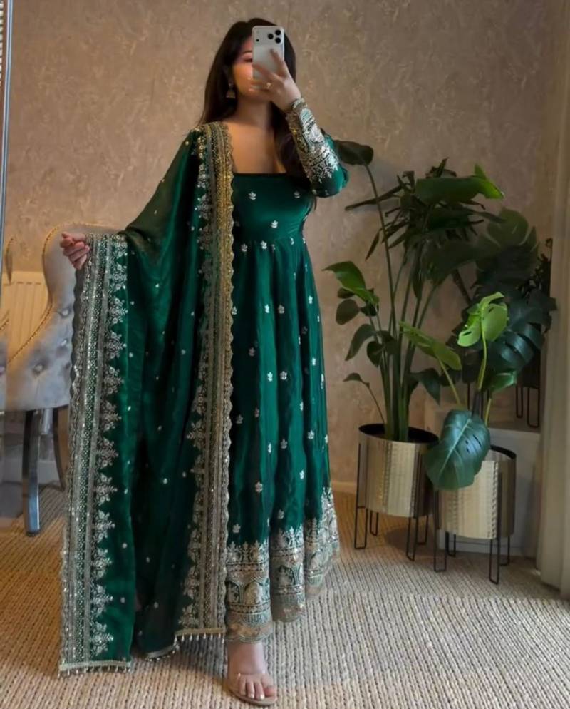 Green georgette embroidered anarkali set