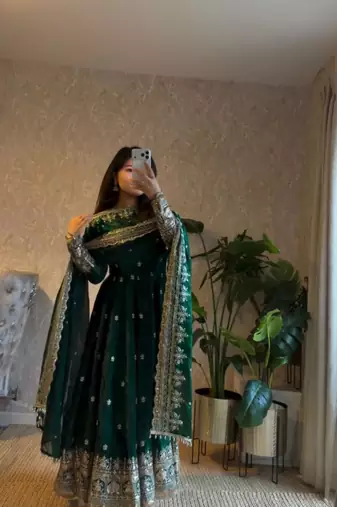 Green georgette embroidered anarkali set