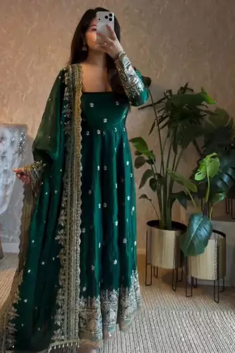 Green georgette embroidered anarkali set