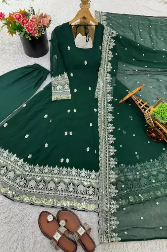Green georgette embroidered anarkali set