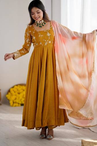 Mustard silk blend embroidered gown set