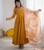Mustard silk blend embroidered gown set