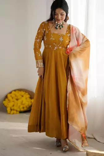Mustard silk blend embroidered gown set