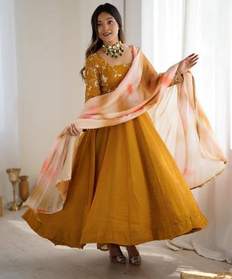 Mustard silk blend embroidered gown set 3