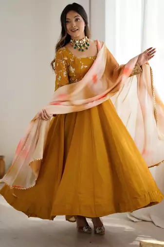 Mustard silk blend embroidered gown set