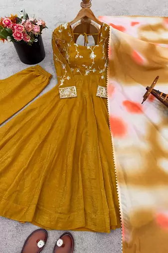 Mustard silk blend embroidered gown set
