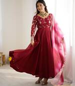 Magenta silk blend embroidered gown set