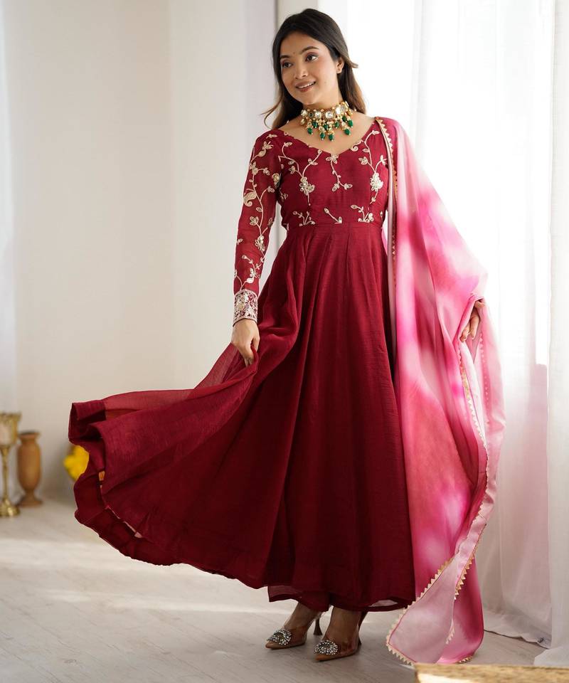 Magenta silk blend embroidered gown set