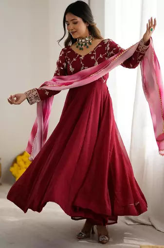Magenta silk blend embroidered gown set
