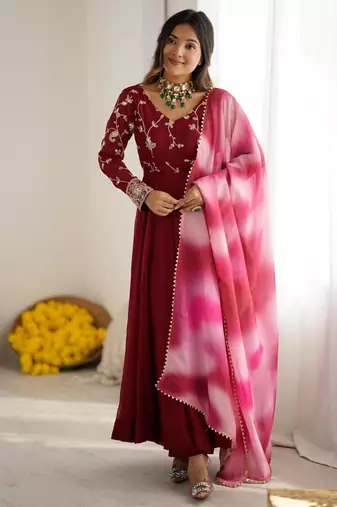 Magenta silk blend embroidered gown set