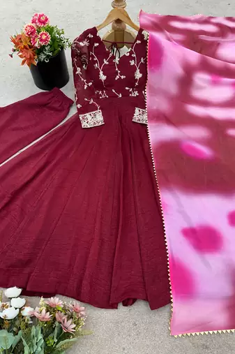 Magenta silk blend embroidered gown set
