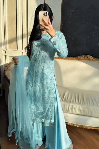 Sky blue net embroidered palazzo set