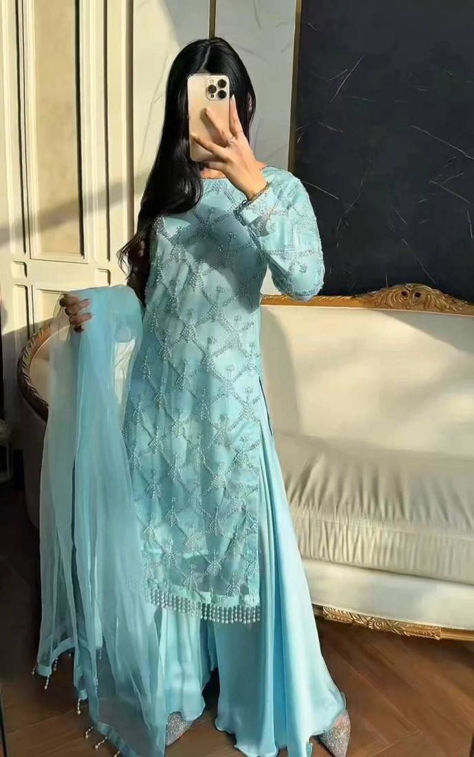 Sky blue net embroidered palazzo set