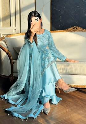 Sky blue net embroidered palazzo set 3