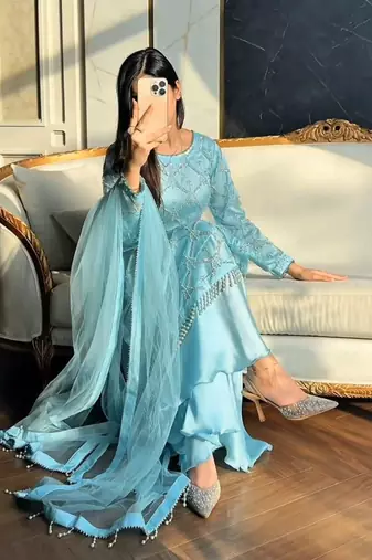 Sky blue net embroidered palazzo set
