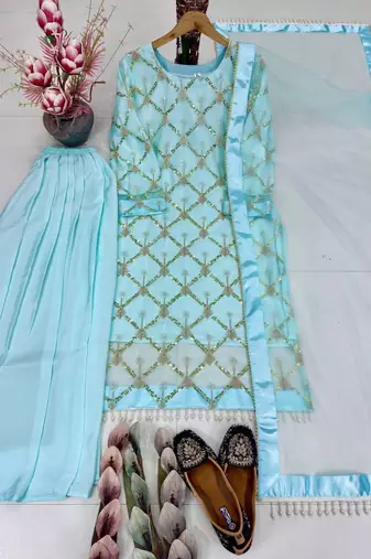 Sky blue net embroidered palazzo set