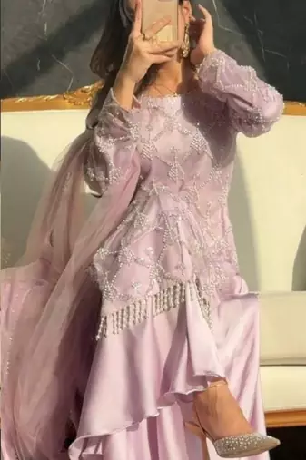 Baby pink net embroidered palazzo set