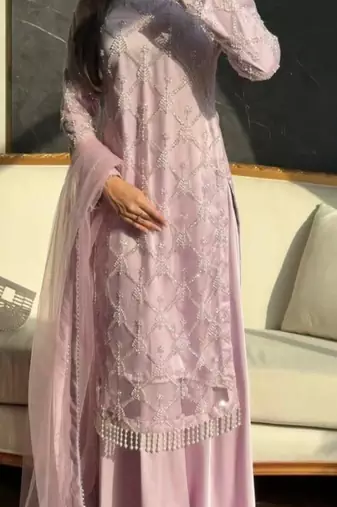 Baby pink net embroidered palazzo set