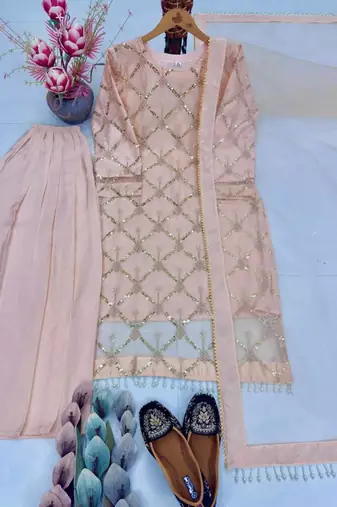 Baby pink net embroidered palazzo set