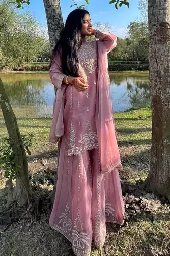 Baby pink silk blend embroidered sharara set