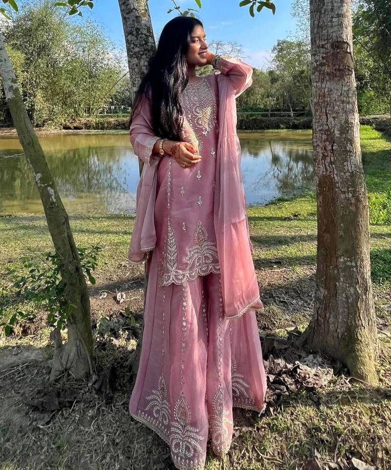 Baby pink silk blend embroidered sharara set