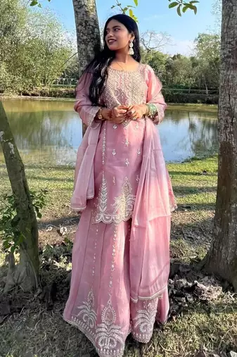 Baby pink silk blend embroidered sharara set