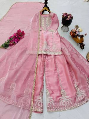 Baby pink silk blend embroidered sharara set 4