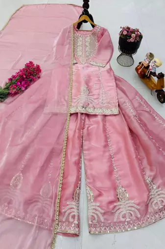 Baby pink silk blend embroidered sharara set