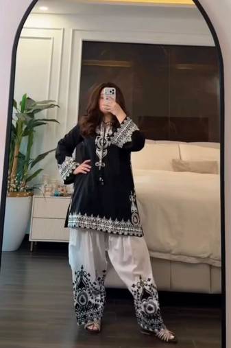 Black crepe embroidered farshi salwar kurta set
