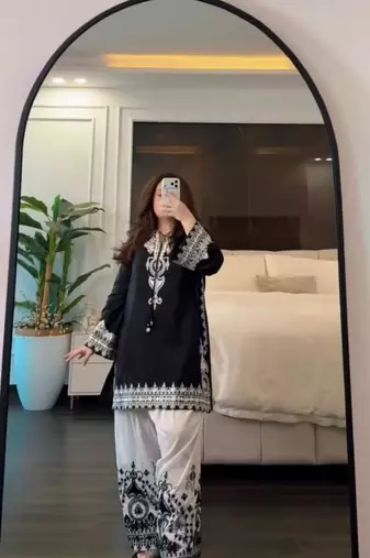 Black crepe embroidered farshi salwar kurta set