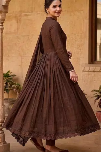 Chocolate silk blend embroidered gown set