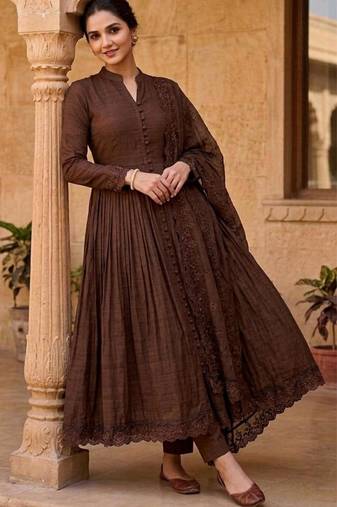 Chocolate silk blend embroidered gown set