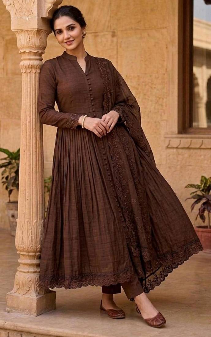 Chocolate silk blend embroidered gown set
