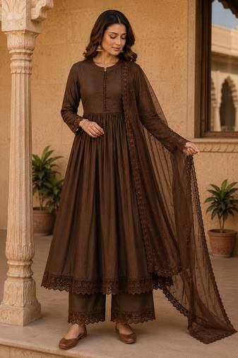 Chocolate silk blend embroidered gown set