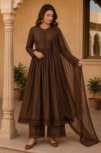 Chocolate silk blend embroidered gown set