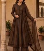 Chocolate silk blend embroidered gown set