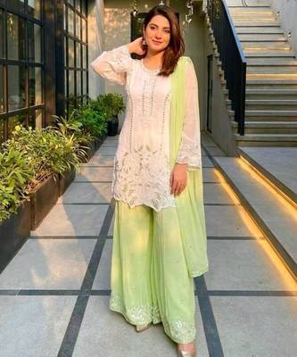 White faux georgette embroidered palazzo set 1
