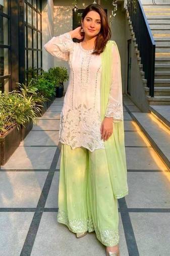 White faux georgette embroidered palazzo set