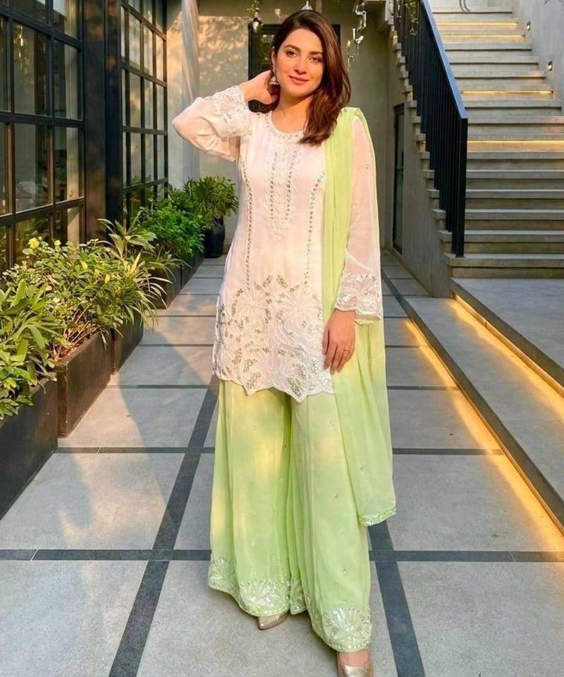 White faux georgette embroidered palazzo set
