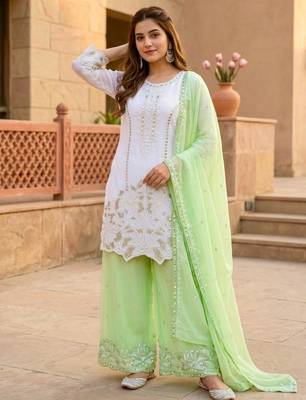 White faux georgette embroidered palazzo set 3